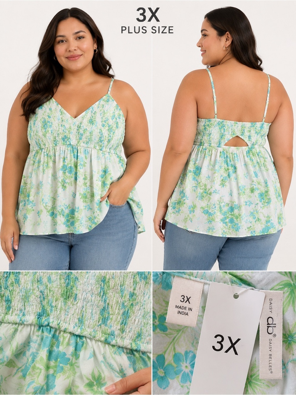 NWT Daisy Belles 3X Green Blue Floral Smocked Babydoll Tank Top